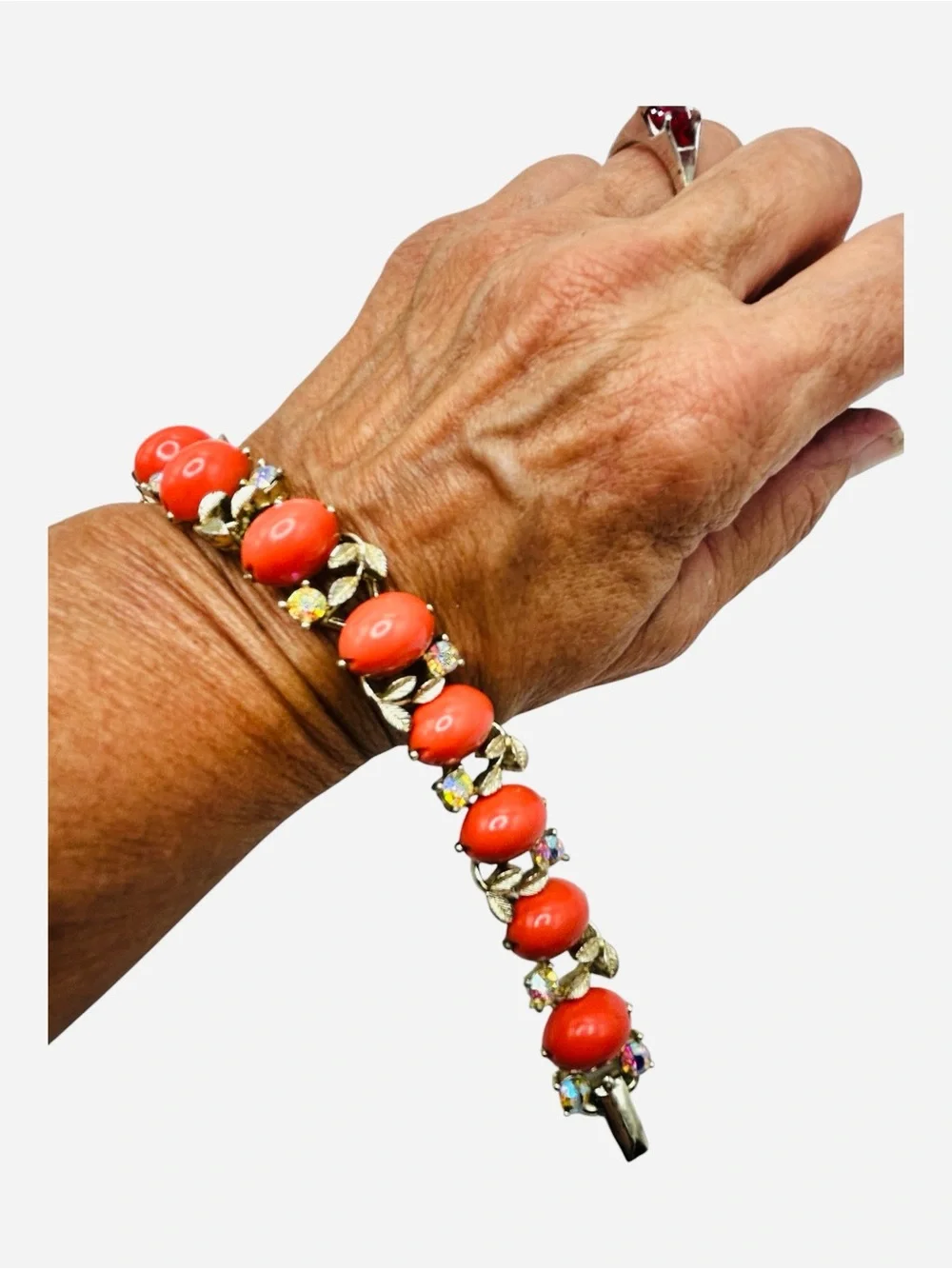 Vintage Lisner Coral Thermoset AB Rhinestone Bracelet